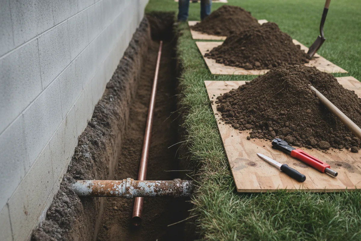 Excavated water line trench during Water Heater Repair in Chicago